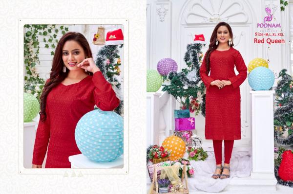 Poonam Red Queen Casual Wear Chikan Work Kurtis